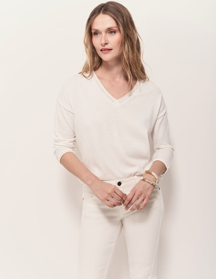 TZAR - Pull écru tricot fin avec danseuse dos-1 TZAR - Pull écru tricot fin avec danseuse dos-1