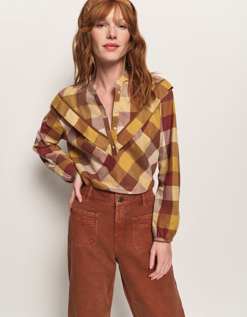 COSMA - Blouse jaune motif carreaux plastron volanté - One Step