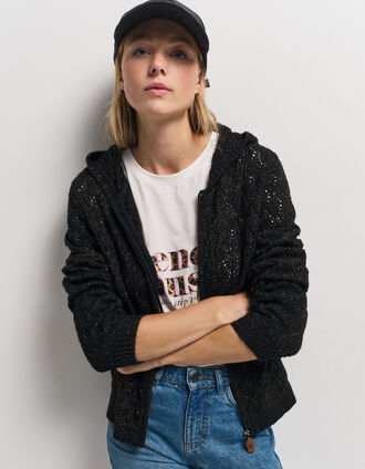 TIGER - Cardigan à capuche noir tricot ajouré lurex