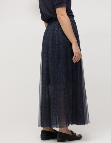 JANICE - Jupe midi marine tulle pailleté-3