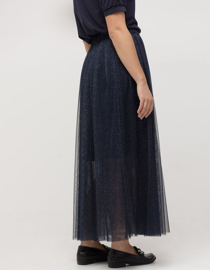 JANICE - Jupe midi marine tulle pailleté-3