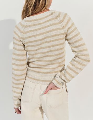 TERESA - Pull blanc tricot motif rayures lurex beige -2