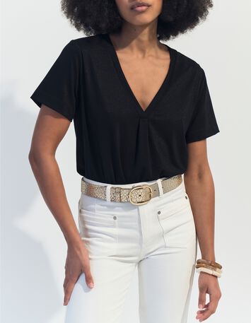 MARCIA - T-shirt noir encolure V maille iris&eacute;e -8