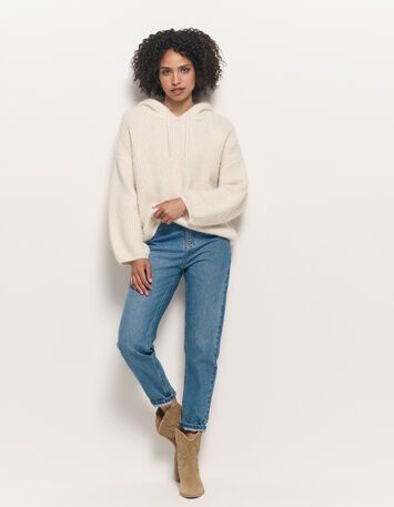 TWILL - Pull écru à capuche tricot côtelé-7