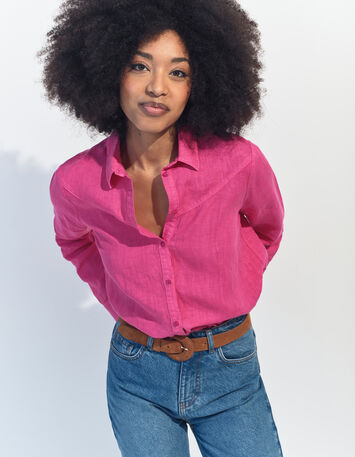 CARMEN - Chemise rose toile de lin certifié surteint -2