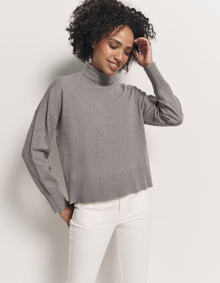 TANAKA - Pull gris tricot fin à col roulé-1 TANAKA - Pull gris tricot fin à col roulé-1