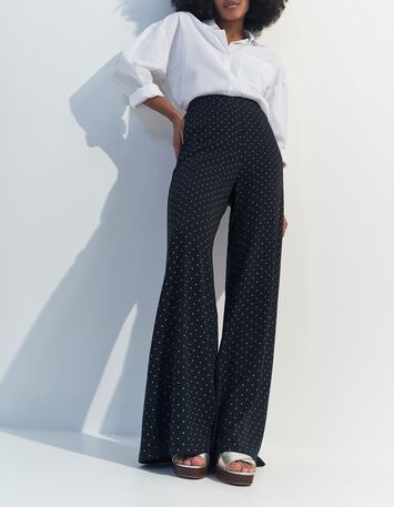 PIRANGI - Pantalon fluide noir imprim&eacute; carr&eacute;s &eacute;crus-2
