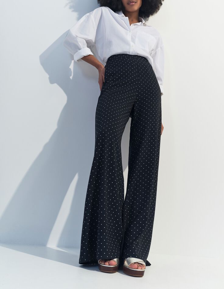 PIRANGI - Pantalon fluide noir imprim&eacute; carr&eacute;s &eacute;crus-2