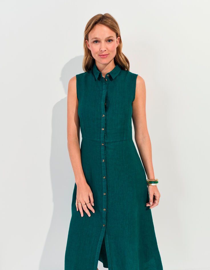 RECIFE - Robe chemise longue verte lin certifié surteint -2