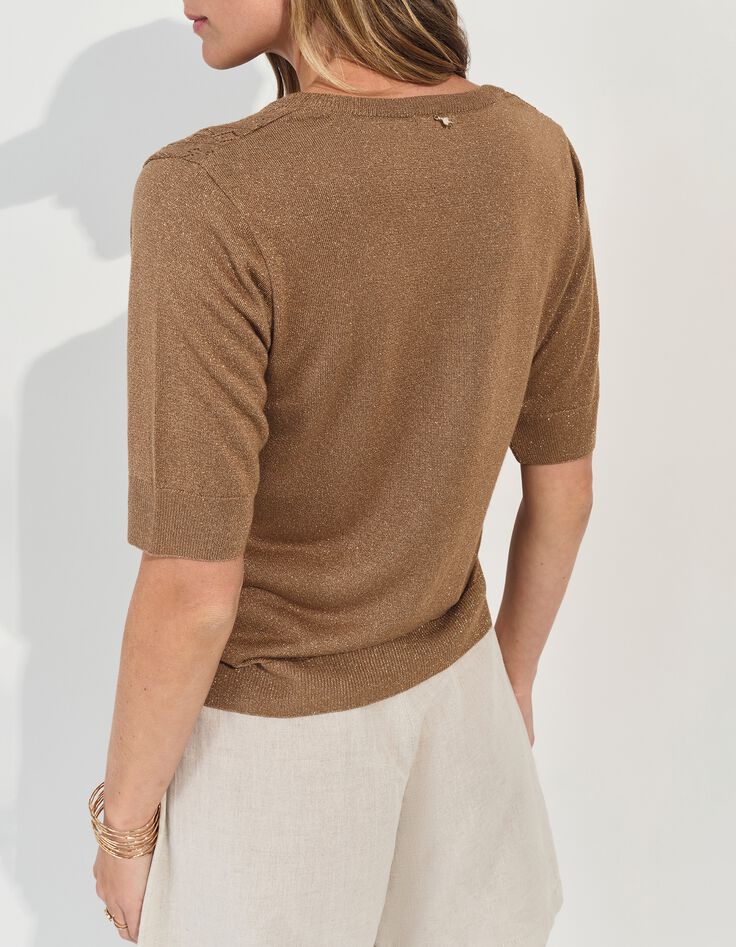 TERENOS - Cardigan manches courtes marron tricot lurex-3