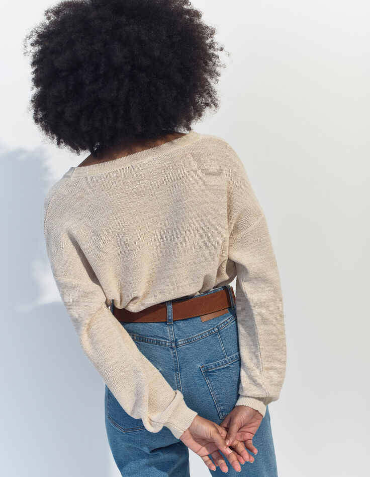 TINA - Cardigan beige tricot lurex encolure V -3