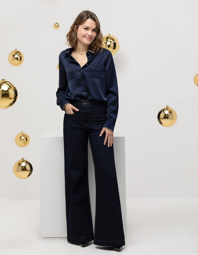 CISSY - Chemise marine satinée col brodé sequins - One Step