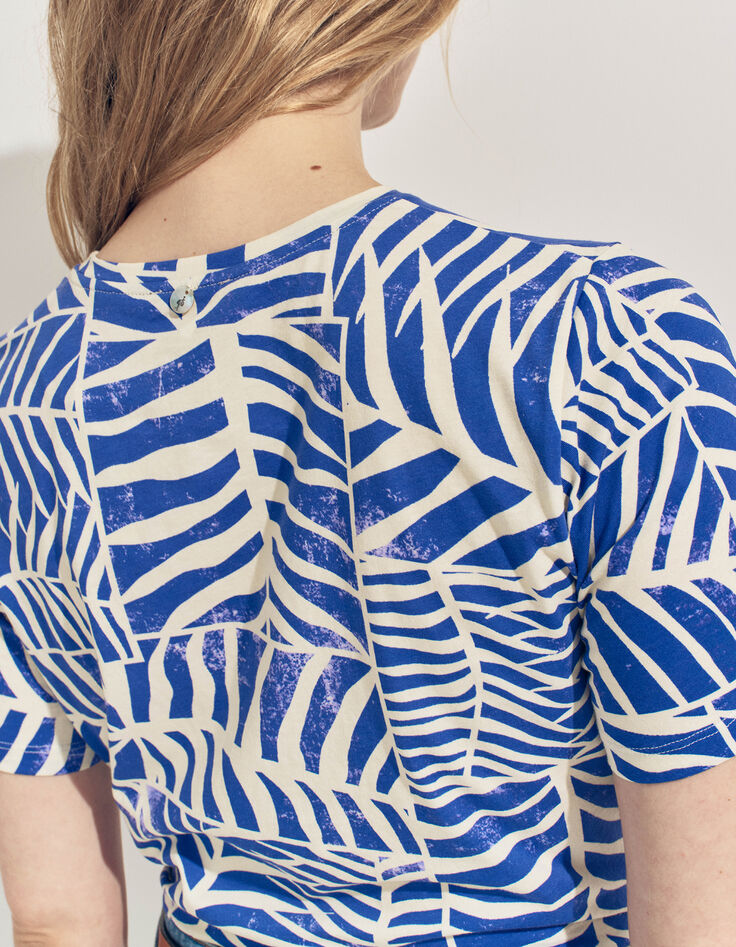 MANARA- T-shirt bleu coton bio imprim&eacute; tropic chic-3