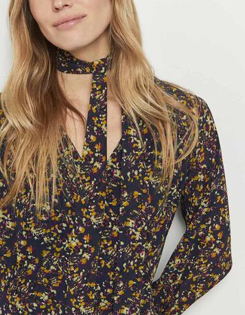 REASON - Robe longue marine à imprimé estampes fleuries-3
