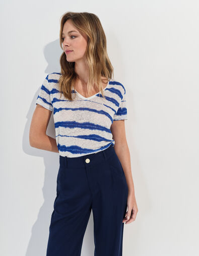 MILLET - T-shirt blanc motif rayures floues bleues  - One Step