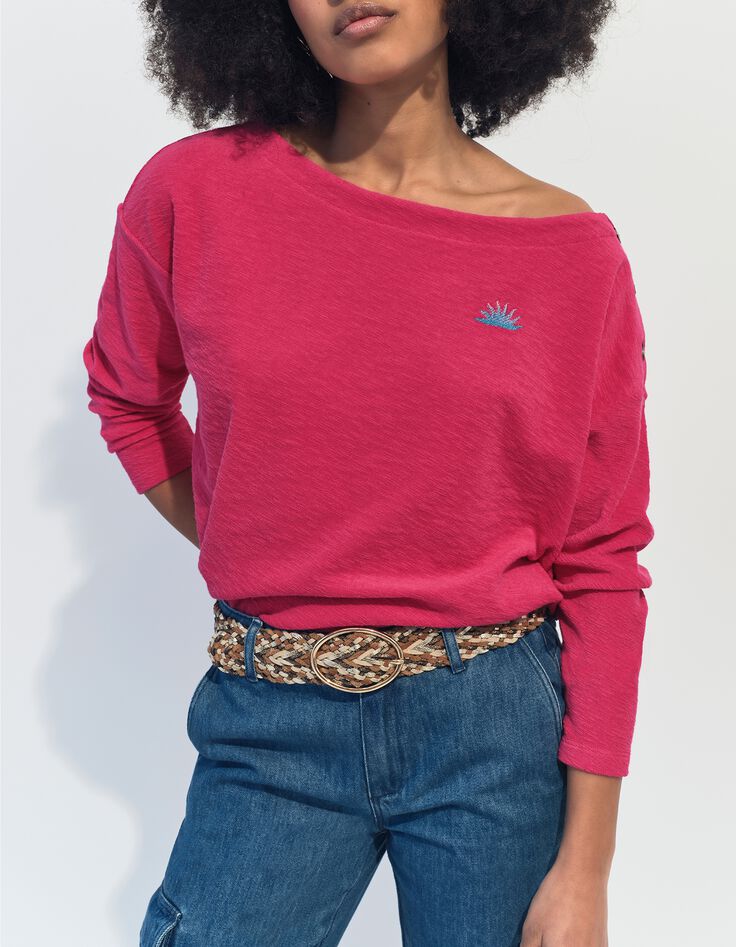 MALOU - T-shirt rose &eacute;ponge coton bio broderie soleil -1