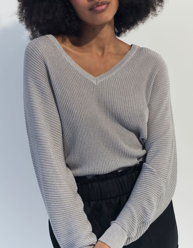 TONY - Pull argent tricot c&ocirc;tel&eacute; manches chauve-souris -2