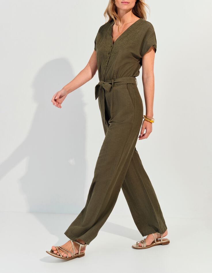 RIO - Combinaison kaki lin m&eacute;lang&eacute; broderies plac&eacute;es-2