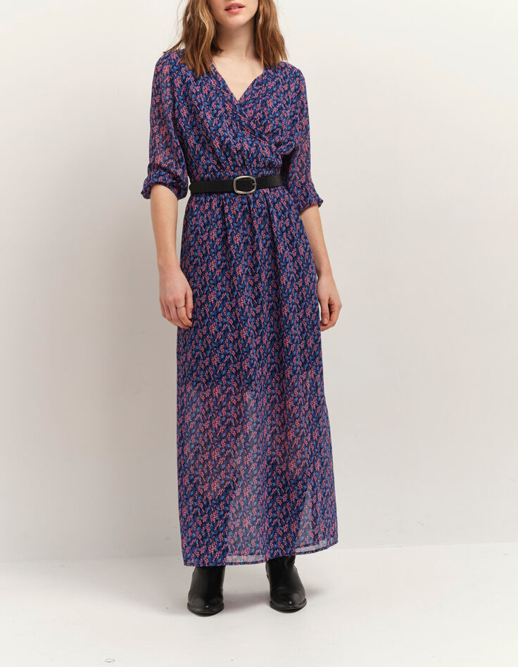 RAVNA - Robe longue marine à imprimé bouquet graphique-1