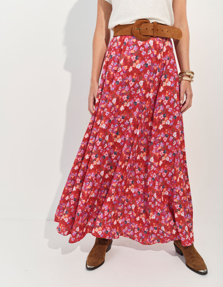 JAFNA - Jupe longue rouge imprim&eacute; floral d'&eacute;t&eacute;-1