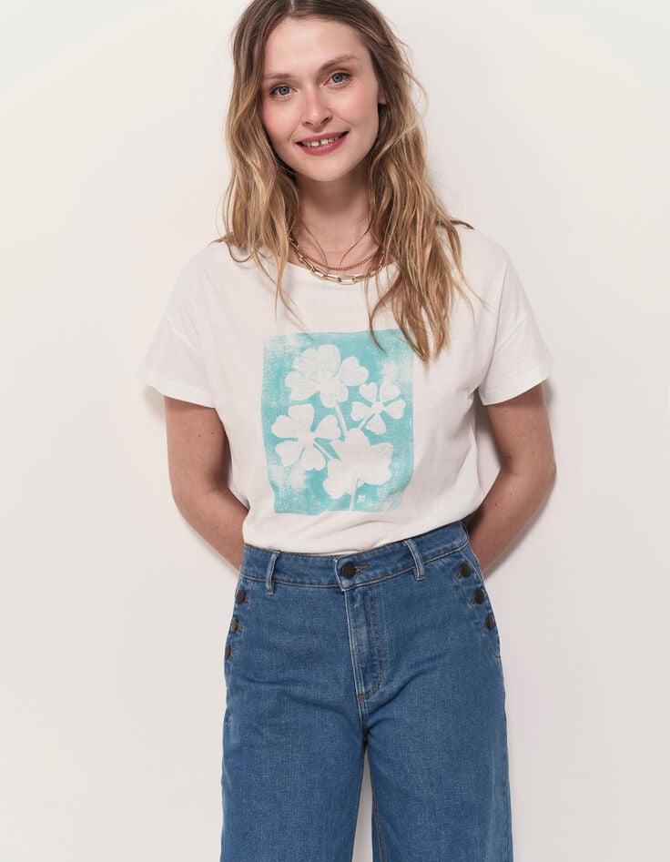 MAURO - T-shirt blanc coton bio visuel arty floral-1