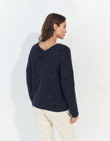 TIMEO - Pull marine tricot lurex encolure V devant/dos-3