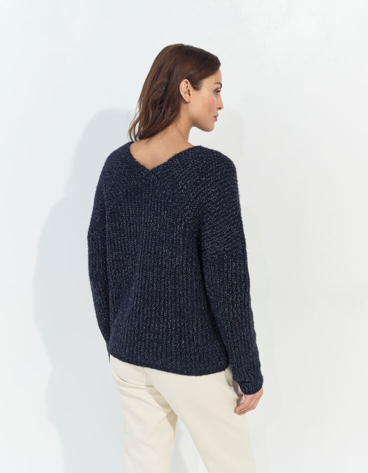 TIMEO - Pull marine tricot lurex encolure V devant/dos-3
