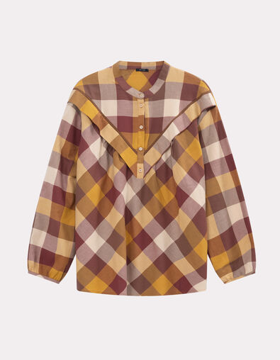 COSMA - Blouse jaune motif carreaux plastron volanté - One Step