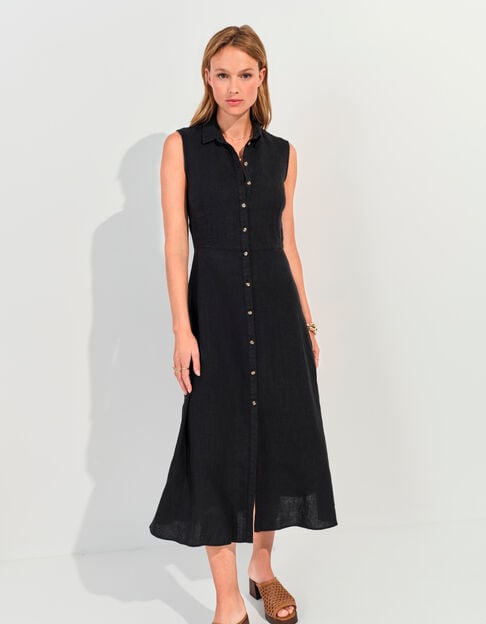 RECIFE - Robe chemise longue noire lin certifié surteint - One Step