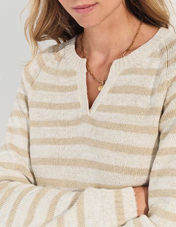 TERESA - Pull blanc tricot motif rayures lurex beige -1