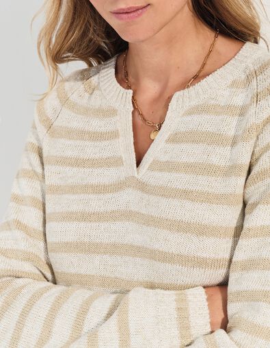 TERESA - Pull blanc tricot motif rayures lurex beige  - One Step