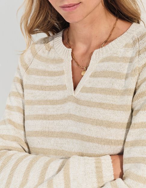 TERESA - Pull blanc tricot motif rayures lurex beige  - One Step