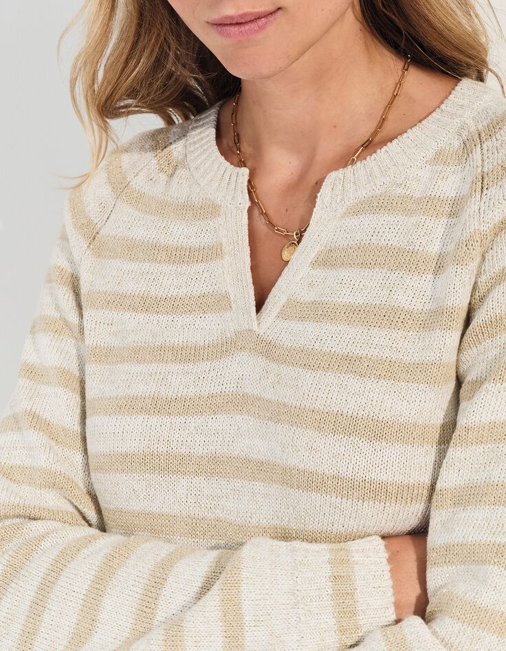 TERESA - Pull blanc tricot motif rayures lurex beige -1