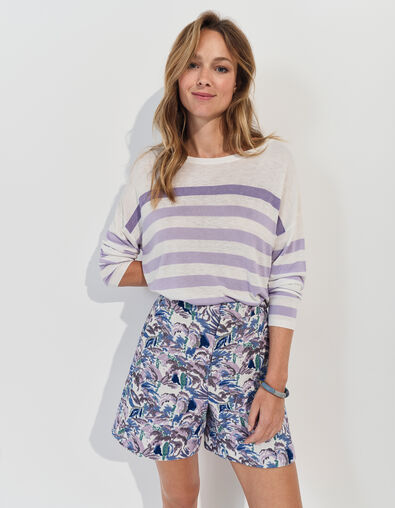 TONIO - Pull écru tricot rayures parme  - One Step
