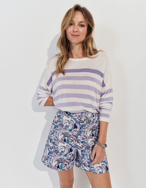 TONIO - Pull écru tricot rayures parme  - One Step