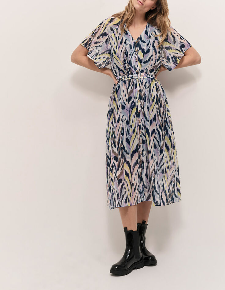 RADKA - Robe midi écrue à imprimé ikat luminescent-2