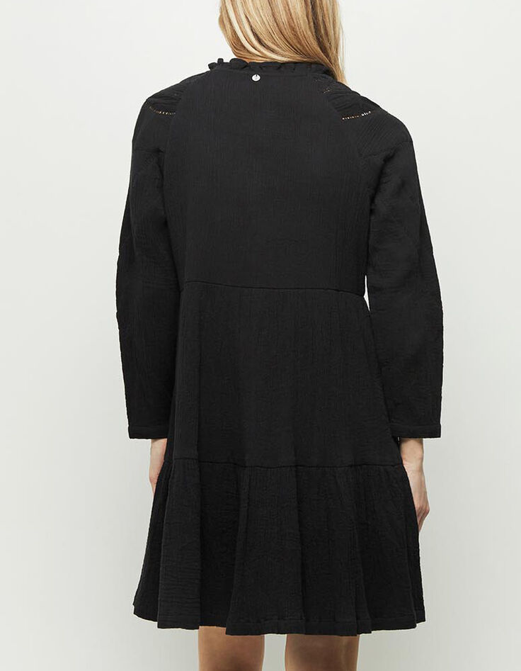 RODING - Robe noire en gaze de coton à col collerette-3