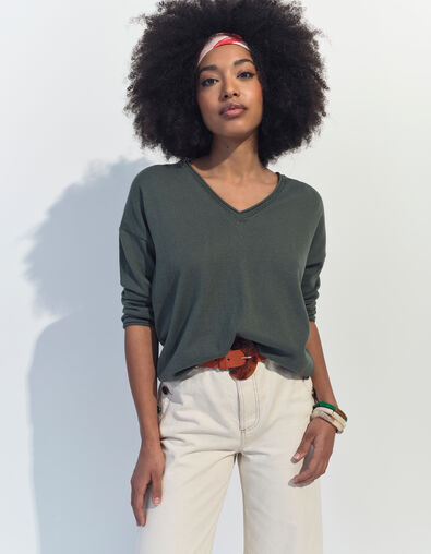 TZAR - Pull vert coton bio tricot Intarsia danseuse au dos - One Step