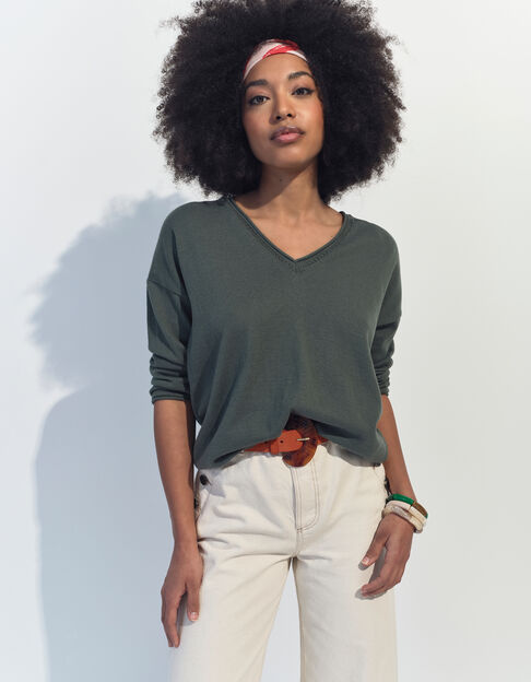 TZAR - Pull vert coton bio tricot Intarsia danseuse au dos - One Step