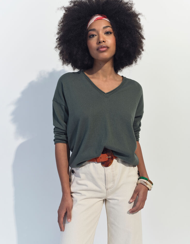 TZAR - Pull vert coton bio tricot Intarsia danseuse au dos-1