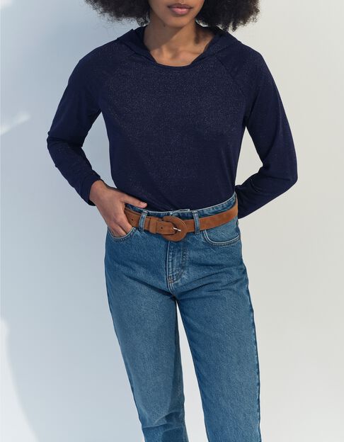 MARA - T-shirt marine &agrave; capuche maille iris&eacute;e  - One Step