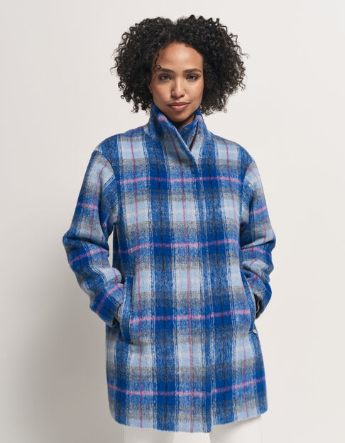 DANICA - Manteau bleu motif carreaux col montant - One Step
