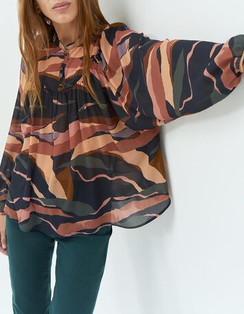 CHIKATO - Blouse noire à imprimé palette minérale-1