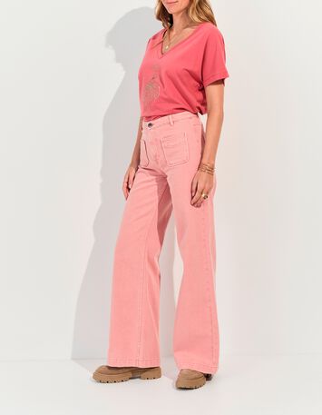 LE HAILEY - Jean flare rose coton bio surteint -1