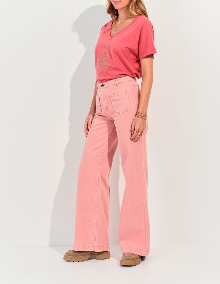 LE HAILEY - Jean flare rose coton bio surteint -1