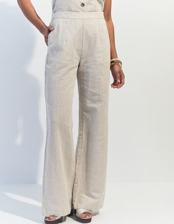 PAULINO - Pantalon de costume beige chin&eacute; en lin et coton -1
