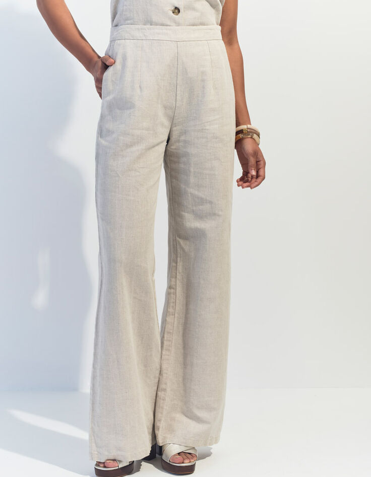 PAULINO - Pantalon de costume beige chin&eacute; en lin et coton -1