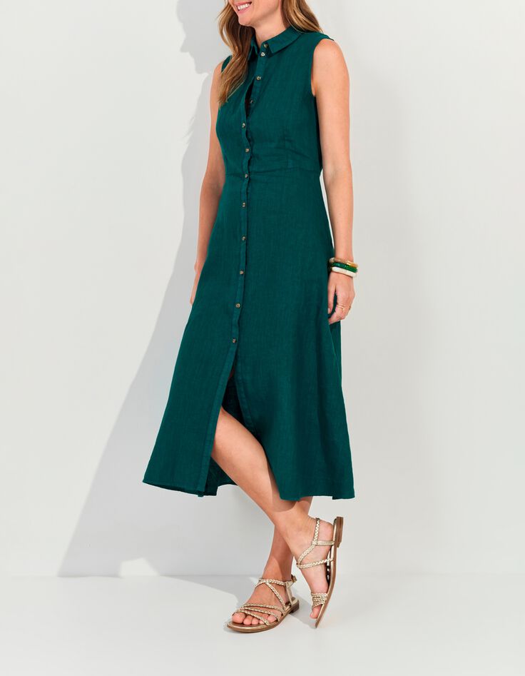 RECIFE - Robe chemise longue verte lin certifi&eacute; surteint -6