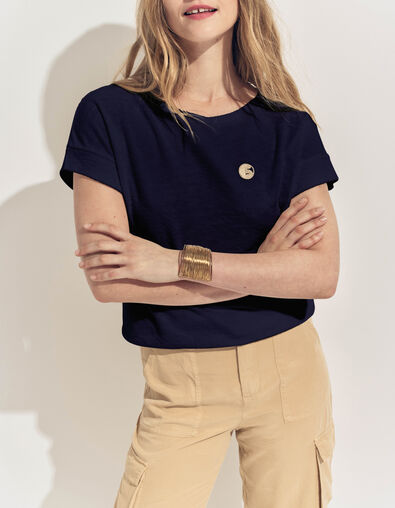 MANILIA- T-shirt marine &eacute;ponge broderie monogramme - One Step