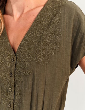 RIO - Combinaison kaki lin m&eacute;lang&eacute; broderies plac&eacute;es-3